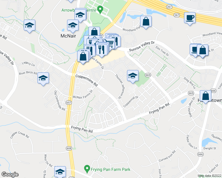 map of restaurants, bars, coffee shops, grocery stores, and more near 2478 Masons Ferry Drive in Herndon