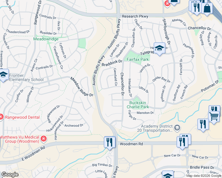 map of restaurants, bars, coffee shops, grocery stores, and more near 7990 Camfield Circle in Colorado Springs