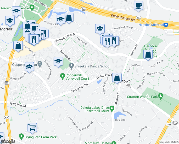 map of restaurants, bars, coffee shops, grocery stores, and more near 13162 Marcey Creek Road in Herndon