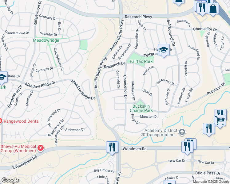map of restaurants, bars, coffee shops, grocery stores, and more near 7970 Camfield Circle in Colorado Springs