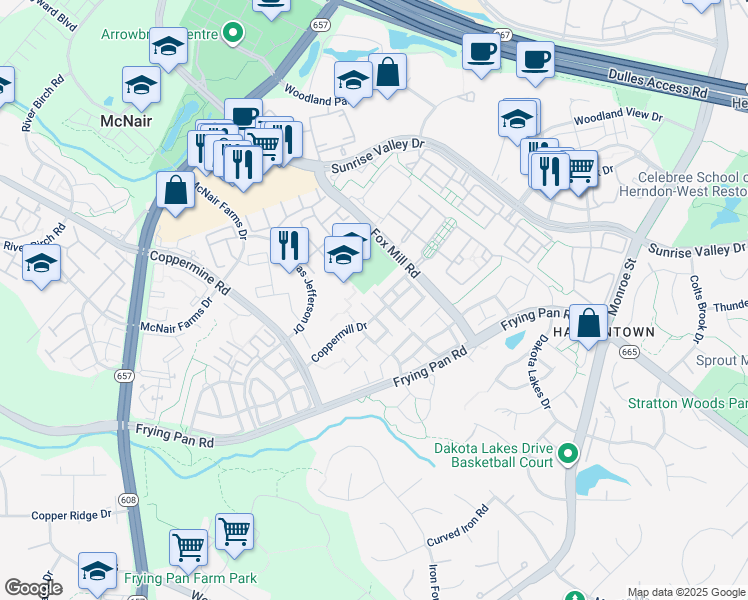 map of restaurants, bars, coffee shops, grocery stores, and more near 2446 Laura Mark Lane in Herndon
