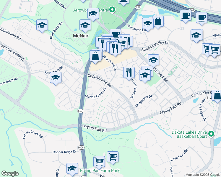 map of restaurants, bars, coffee shops, grocery stores, and more near 13395 Coppermine Road in Herndon