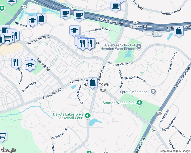 map of restaurants, bars, coffee shops, grocery stores, and more near 13051 Park Crescent Circle in Herndon