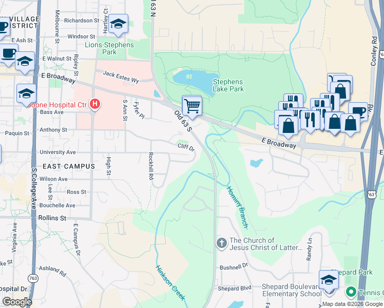 map of restaurants, bars, coffee shops, grocery stores, and more near 1830 Cliff Drive in Columbia