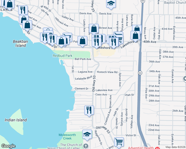 map of restaurants, bars, coffee shops, grocery stores, and more near 14998 Lelabelle Boulevard in Clearlake