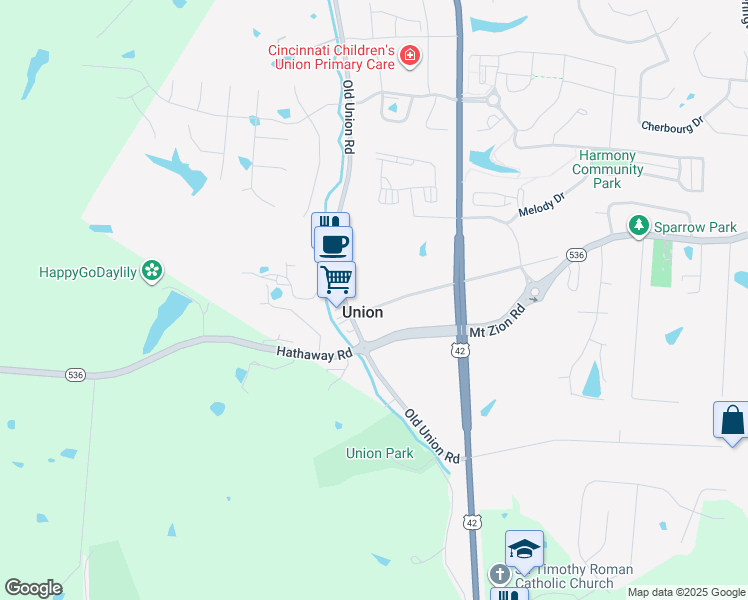 map of restaurants, bars, coffee shops, grocery stores, and more near 1966 Mount Zion Road in Union