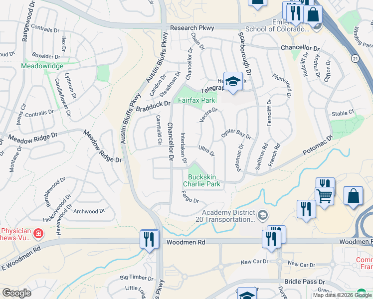 map of restaurants, bars, coffee shops, grocery stores, and more near 7875 Interlaken Drive in Colorado Springs