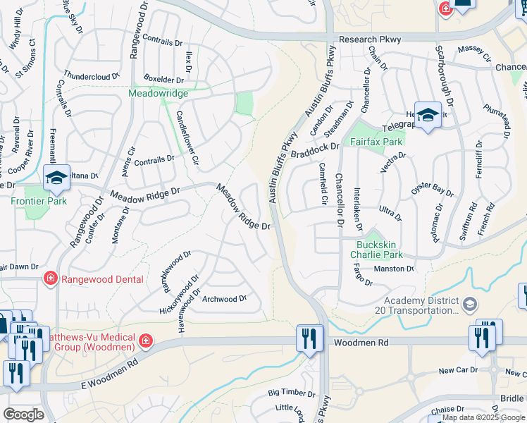 map of restaurants, bars, coffee shops, grocery stores, and more near 7823 Antelope Valley Point in Colorado Springs