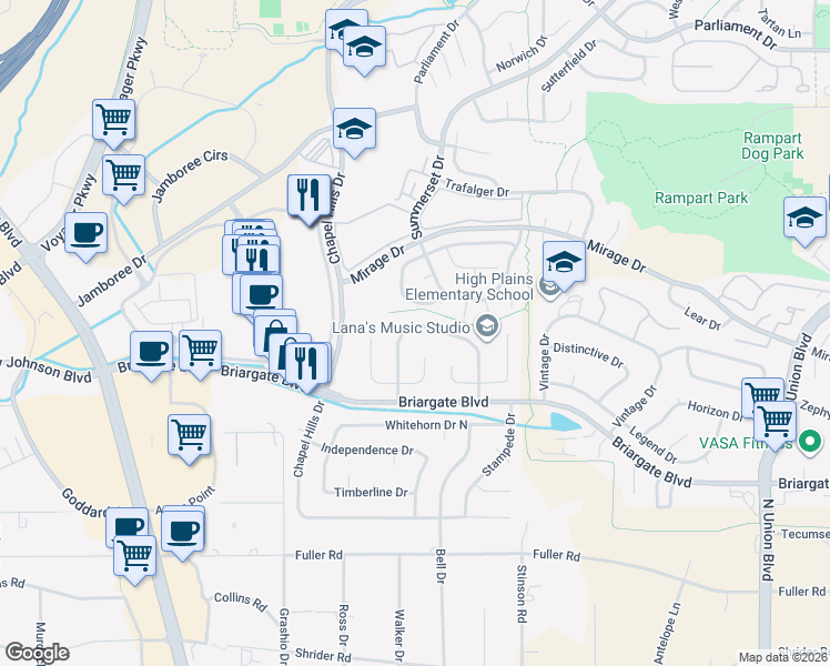 map of restaurants, bars, coffee shops, grocery stores, and more near 2020 Flintlock Terrace East in Colorado Springs