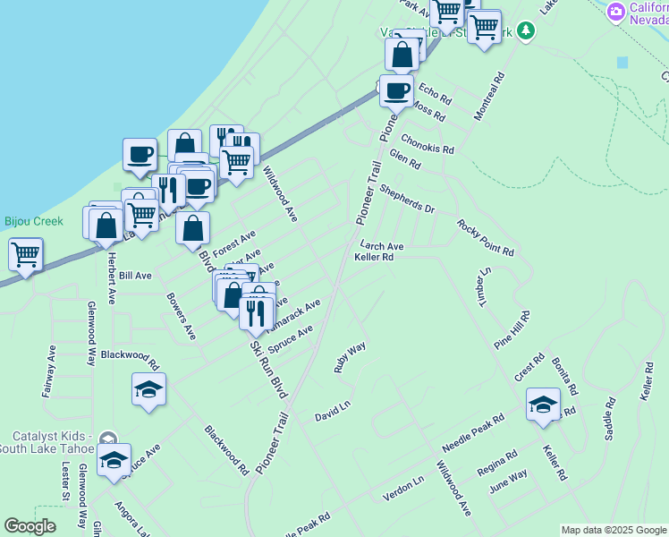 map of restaurants, bars, coffee shops, grocery stores, and more near 1136 Wildwood Avenue in South Lake Tahoe