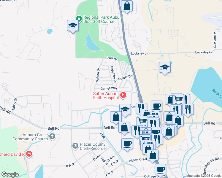 map of restaurants, bars, coffee shops, grocery stores, and more near 11580 Garnet Way in Auburn
