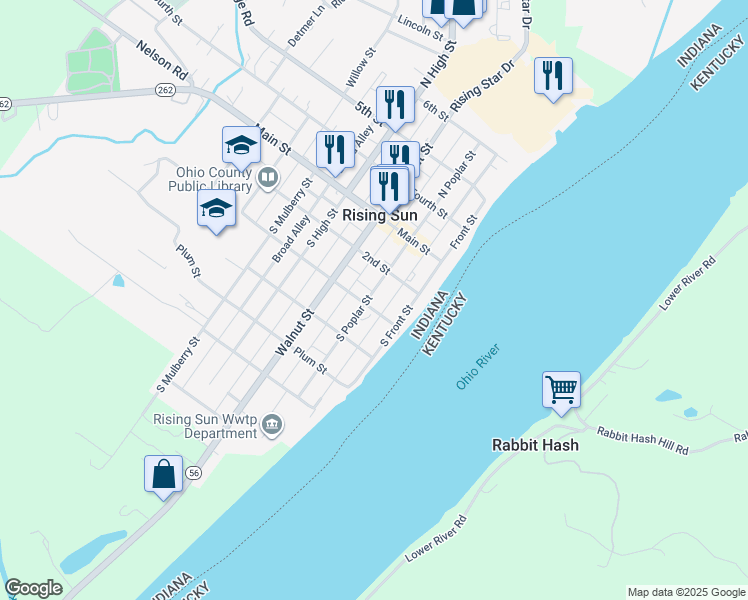 map of restaurants, bars, coffee shops, grocery stores, and more near 110 1st Street in Rising Sun