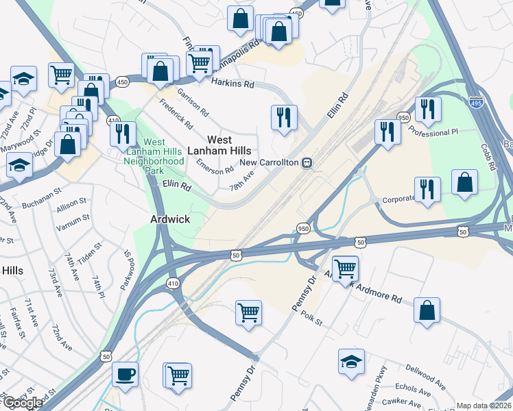 map of restaurants, bars, coffee shops, grocery stores, and more near 4851 Ellin Road in Hyattsville