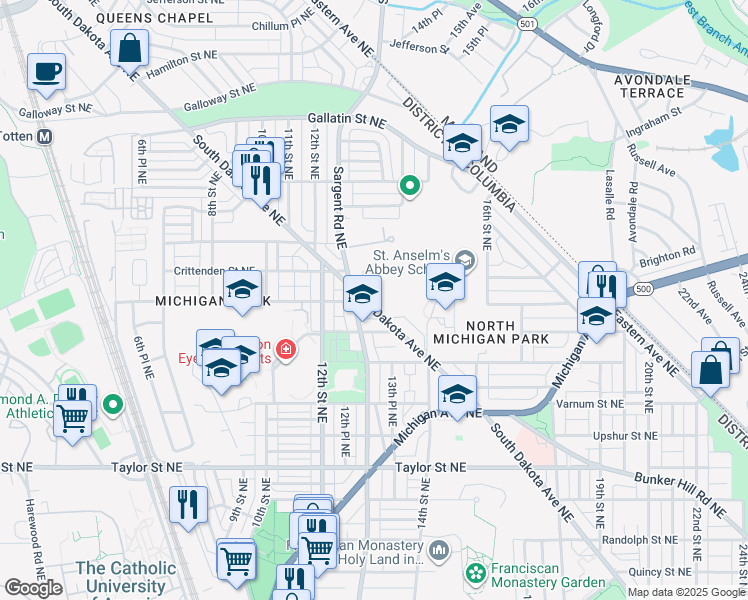 map of restaurants, bars, coffee shops, grocery stores, and more near 4609 South Dakota Avenue Northeast in Washington