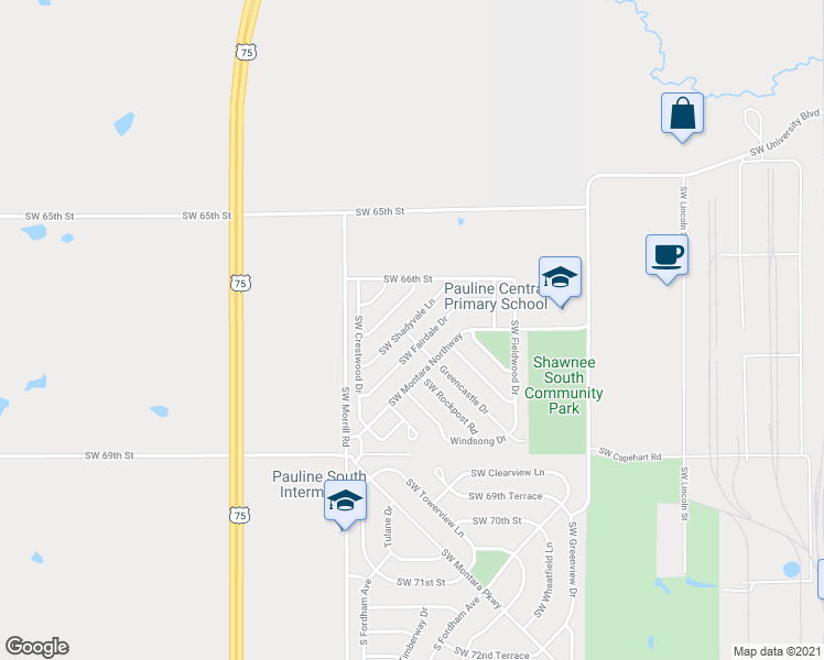 map of restaurants, bars, coffee shops, grocery stores, and more near 6634 Southwest Shadyvale Lane in Topeka