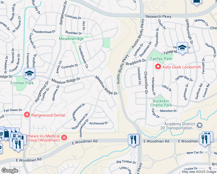 map of restaurants, bars, coffee shops, grocery stores, and more near 7835 Antelope Ridge Point in Colorado Springs