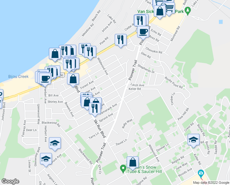 map of restaurants, bars, coffee shops, grocery stores, and more near 3748 Larch Avenue in South Lake Tahoe