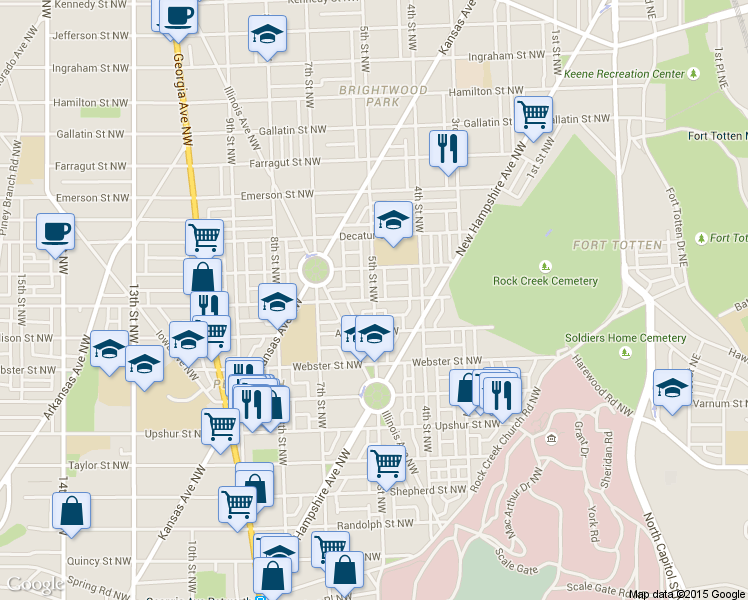 map of restaurants, bars, coffee shops, grocery stores, and more near 5th Street Northwest & Buchanan Street Northwest in Washington