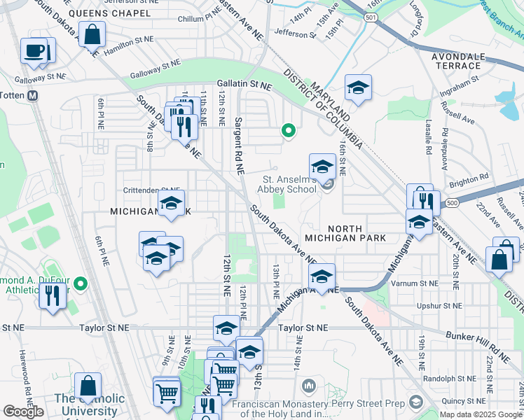 map of restaurants, bars, coffee shops, grocery stores, and more near 4611 South Dakota Avenue Northeast in Washington