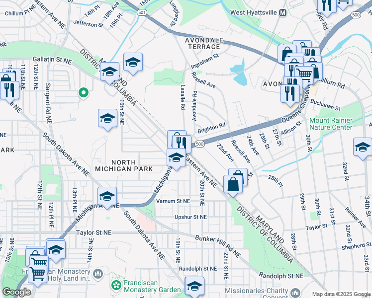 map of restaurants, bars, coffee shops, grocery stores, and more near Queens Chapel Road & Eastern Avenue Northeast in Chillum