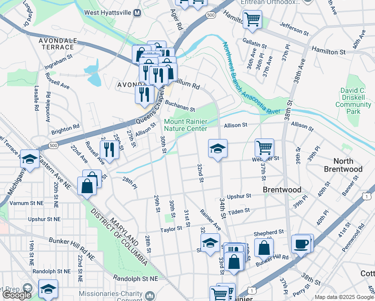 map of restaurants, bars, coffee shops, grocery stores, and more near 3108 Windom Road in Mount Rainier