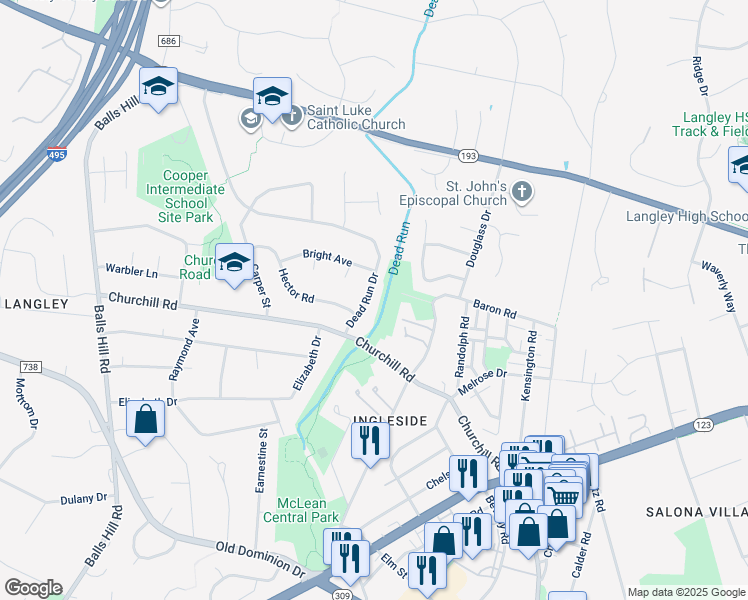 map of restaurants, bars, coffee shops, grocery stores, and more near 1105 Dead Run Drive in McLean