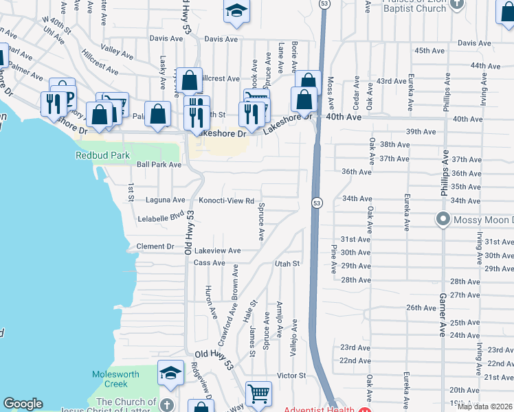 map of restaurants, bars, coffee shops, grocery stores, and more near 15275 Konocti Street in Clearlake