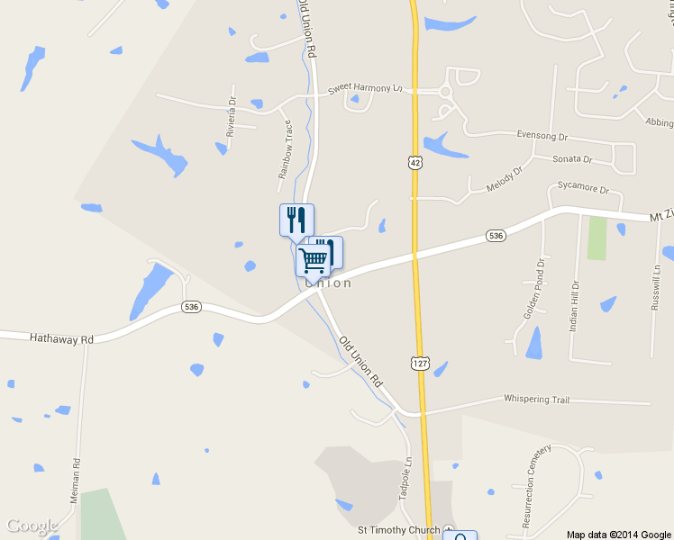 map of restaurants, bars, coffee shops, grocery stores, and more near 1966 Mt Zion Rd in Union