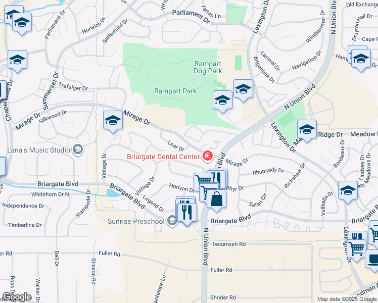 map of restaurants, bars, coffee shops, grocery stores, and more near 2775 Lear Drive in Colorado Springs