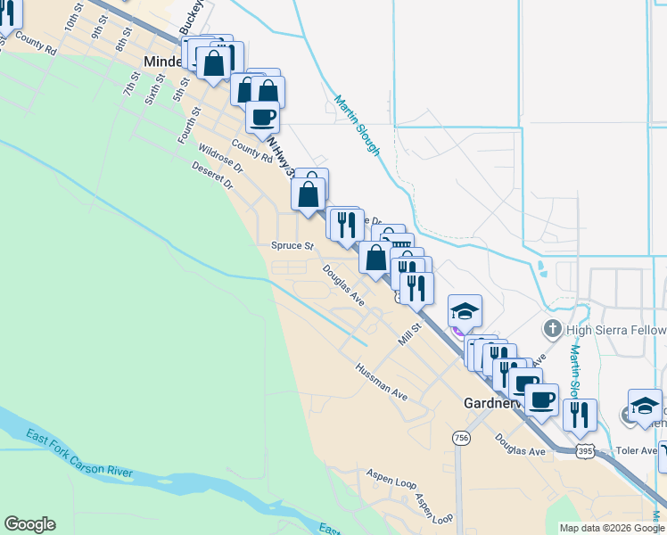 map of restaurants, bars, coffee shops, grocery stores, and more near 1189 Town House Circle in Gardnerville