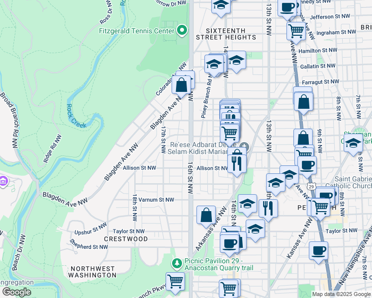 map of restaurants, bars, coffee shops, grocery stores, and more near 4600 16th Street Northwest in Washington