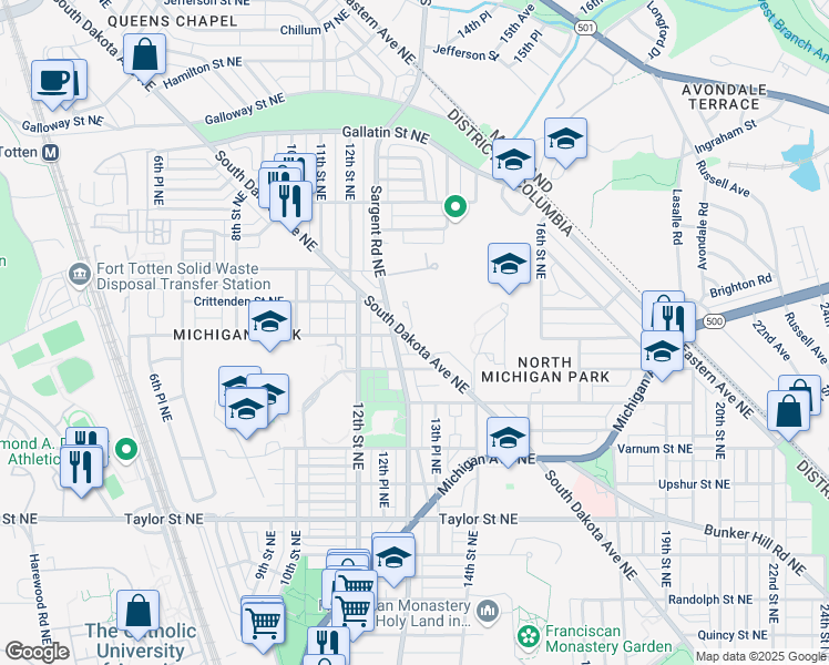 map of restaurants, bars, coffee shops, grocery stores, and more near 4611 South Dakota Avenue Northeast in Washington