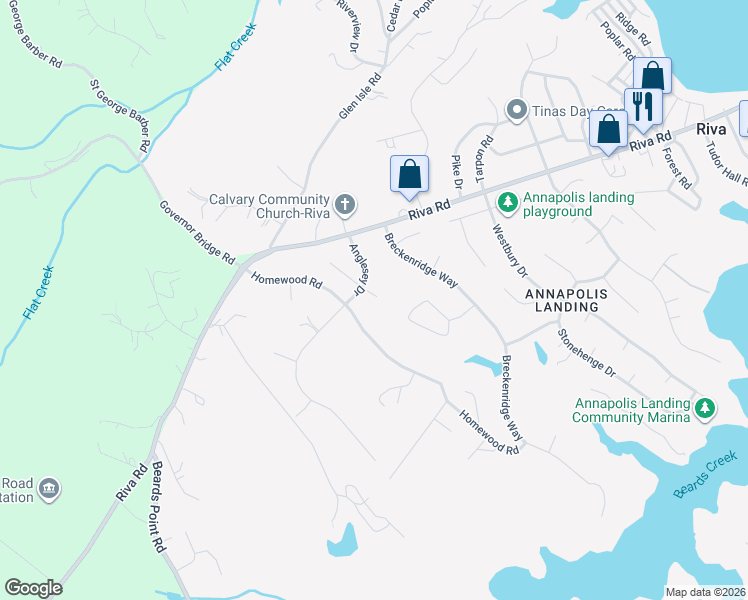 map of restaurants, bars, coffee shops, grocery stores, and more near 3105 Brittannia Court in Riva