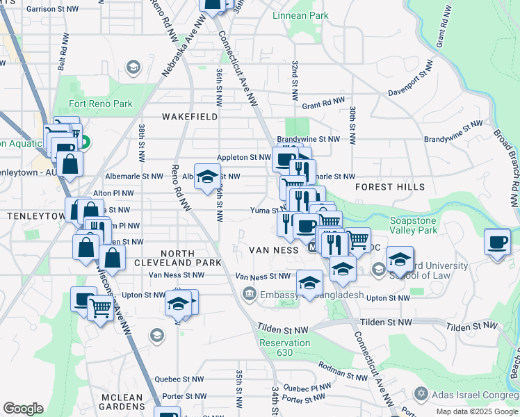 map of restaurants, bars, coffee shops, grocery stores, and more near 3117 35th Street Northwest in Washington