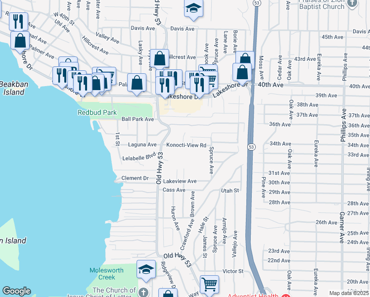 map of restaurants, bars, coffee shops, grocery stores, and more near 15135 Konocti Street in Clearlake