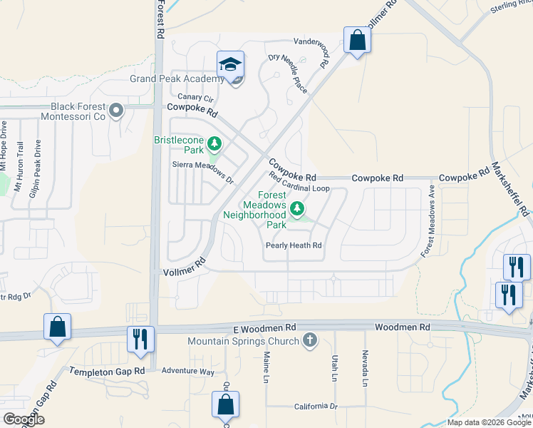 map of restaurants, bars, coffee shops, grocery stores, and more near 7835 Morning Dew Road in Colorado Springs