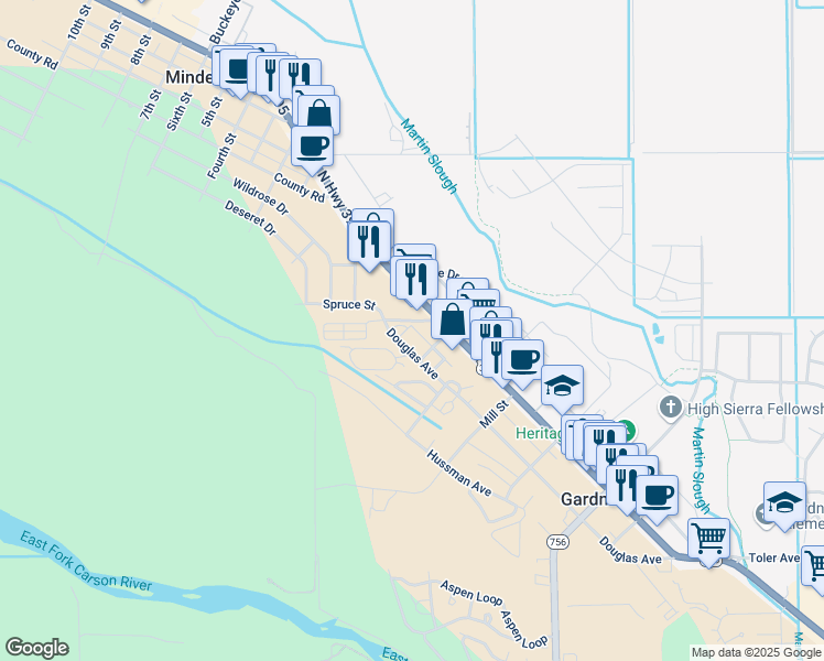map of restaurants, bars, coffee shops, grocery stores, and more near 1524 North Court in Gardnerville