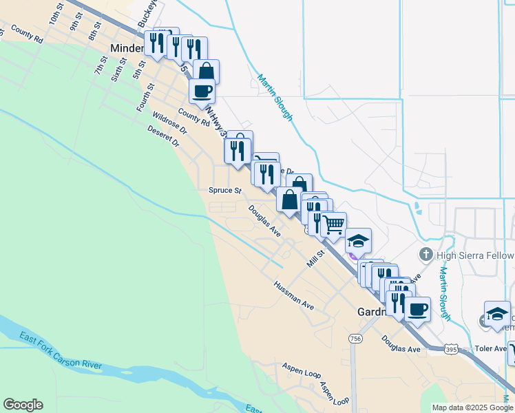map of restaurants, bars, coffee shops, grocery stores, and more near 1524 North Court in Gardnerville