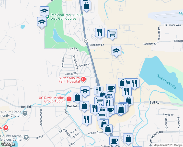 map of restaurants, bars, coffee shops, grocery stores, and more near 11700 Garnet Way in Auburn