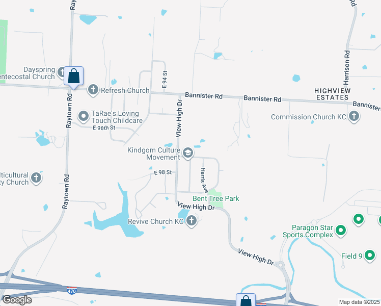 map of restaurants, bars, coffee shops, grocery stores, and more near 10823 East 97th Terrace in Kansas City