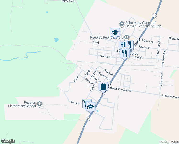 map of restaurants, bars, coffee shops, grocery stores, and more near 89 Chautauqua Street in Peebles