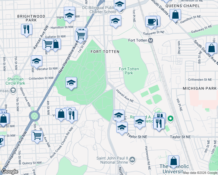 map of restaurants, bars, coffee shops, grocery stores, and more near 1 Hawaii Avenue Northeast in Washington