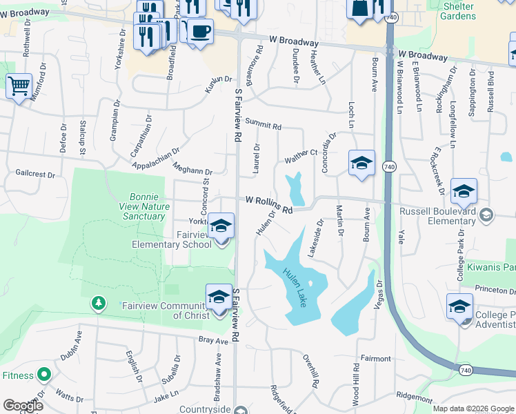 map of restaurants, bars, coffee shops, grocery stores, and more near 805 Hulen Drive in Columbia