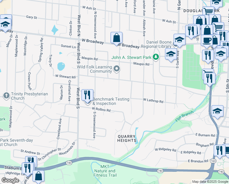 map of restaurants, bars, coffee shops, grocery stores, and more near 505 South Glenwood Avenue in Columbia