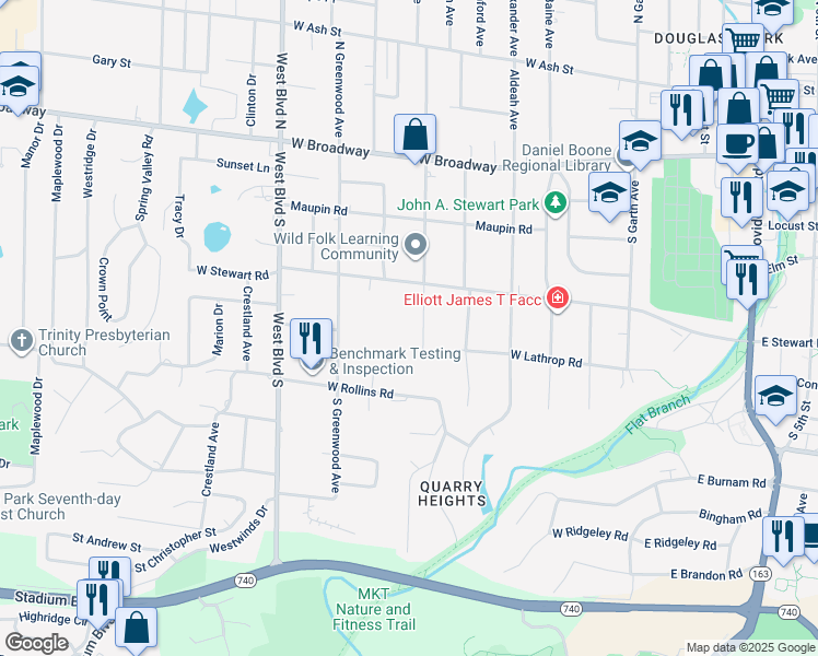 map of restaurants, bars, coffee shops, grocery stores, and more near 505 South Glenwood Avenue in Columbia