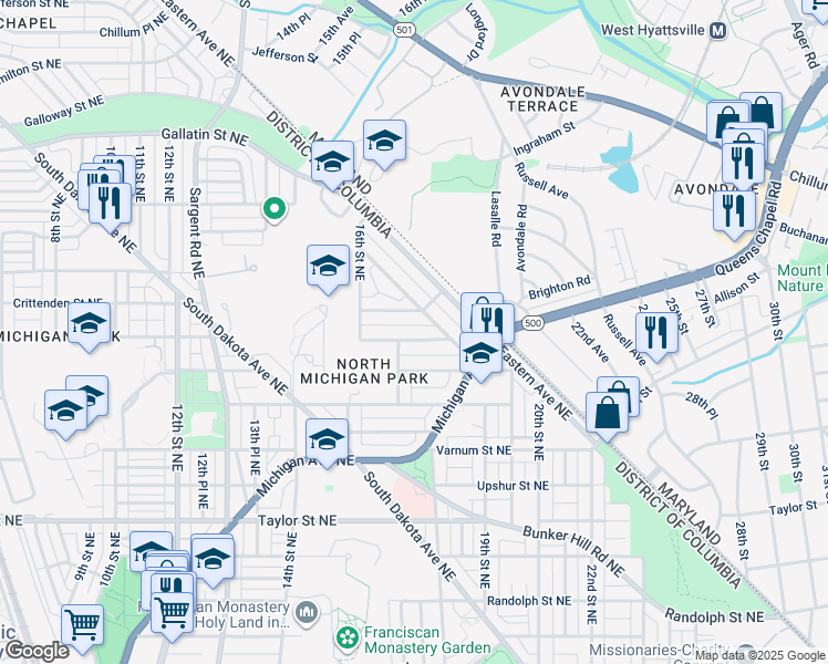 map of restaurants, bars, coffee shops, grocery stores, and more near 1716 Buchanan Street Northeast in Washington