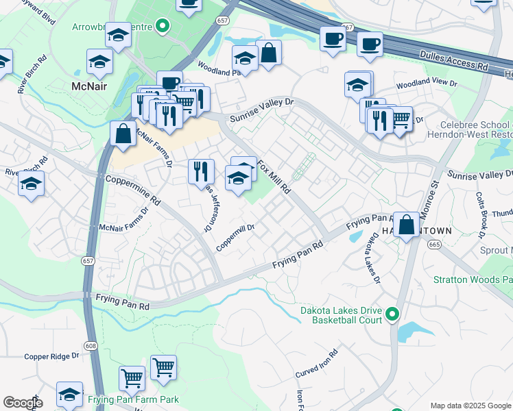 map of restaurants, bars, coffee shops, grocery stores, and more near 2440 Laura Mark Lane in Herndon