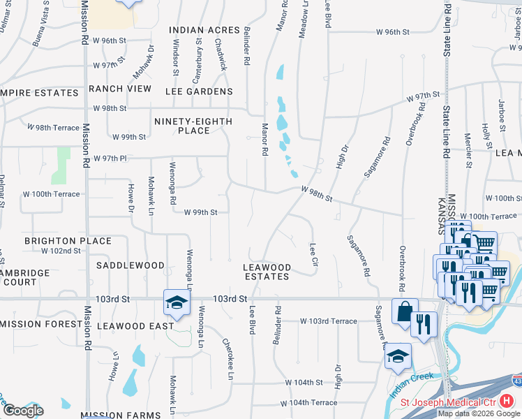 map of restaurants, bars, coffee shops, grocery stores, and more near 9821 Belinder Road in Leawood