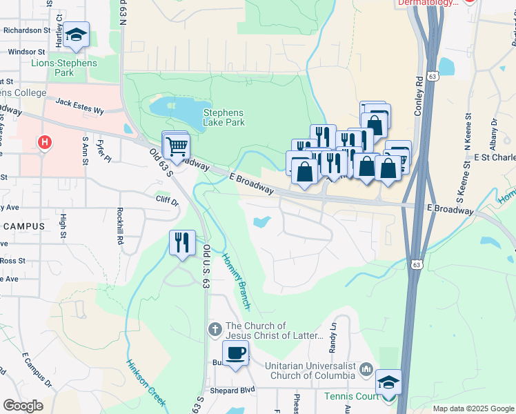 map of restaurants, bars, coffee shops, grocery stores, and more near 4 Broadway Village Drive in Columbia