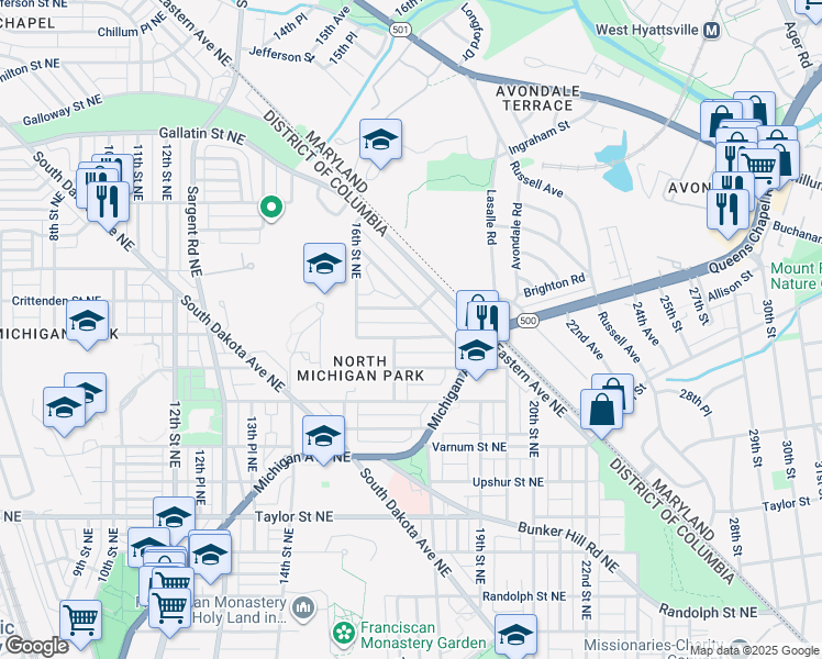 map of restaurants, bars, coffee shops, grocery stores, and more near 1716 Buchanan Street Northeast in Washington